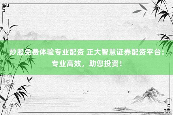 炒股免费体验专业配资 正大智慧证券配资平台：专业高效，助您投资！